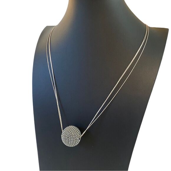 Silver Ball Pendant Necklace on Thin Triple Layered Silver Toned Chain. - Picture 4 of 7